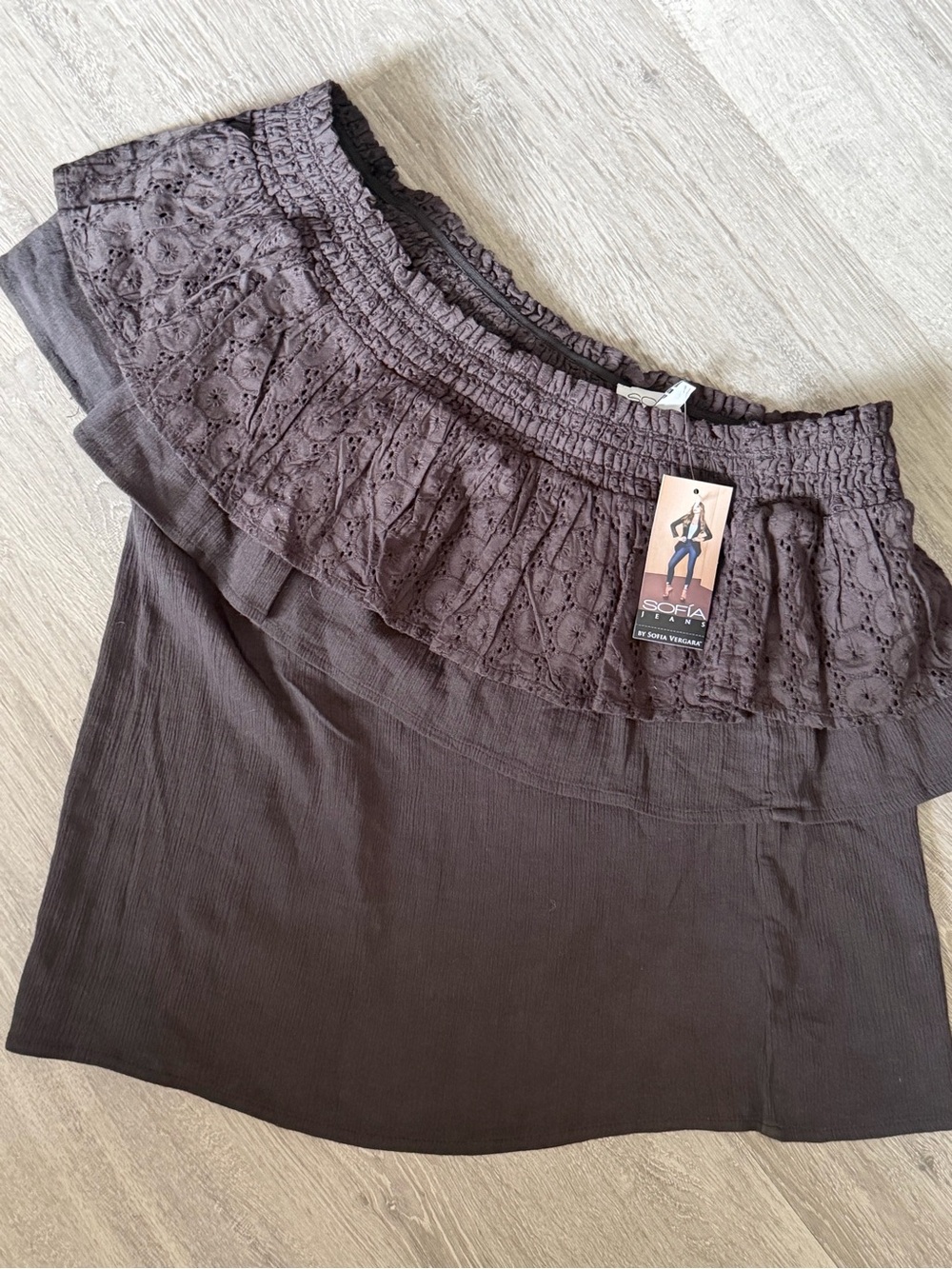 Sofia by Sofia Vergara Dark Brown Off-Shoulder Ruffle Top